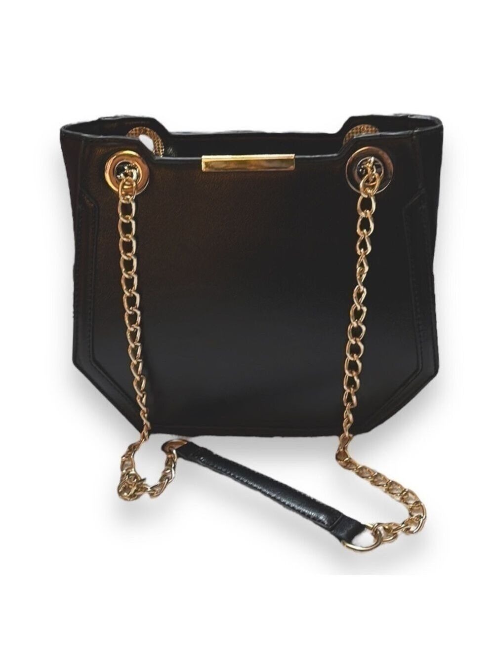 Melie Bianco Geometric Vegan Leather Black Shoulder Bag Purse with Gold Chains